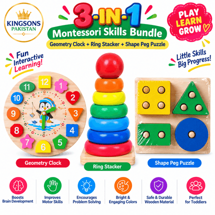 3-in-1 Montessori Skills Clock + Ring Stacker + Peg Puzzle