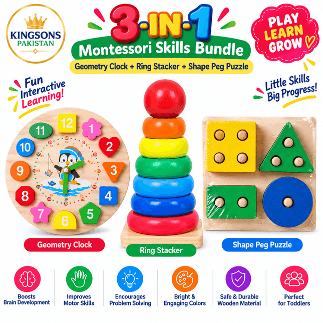 3-in-1 Montessori Skills Clock + Ring Stacker + Peg Puzzle