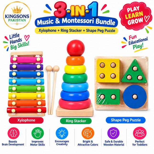 3-in-1 Music & Montessori Xylophone + Ring Stacker + Peg Puzzle