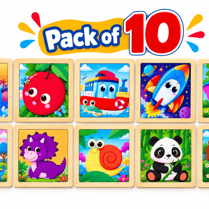 Pack of 10 Wooden Jigsaw Puzzles for Kids